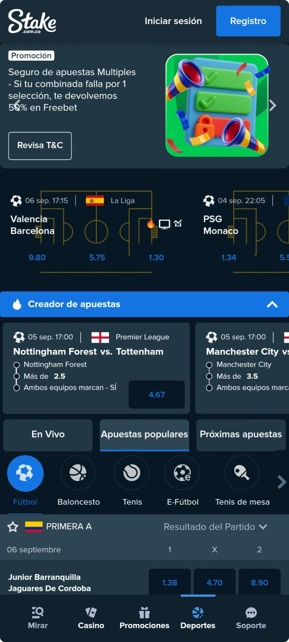 Encuentra tu equipo deportivo favorito en la sección de deportes de Stake y apuesta a través de la aplicación.