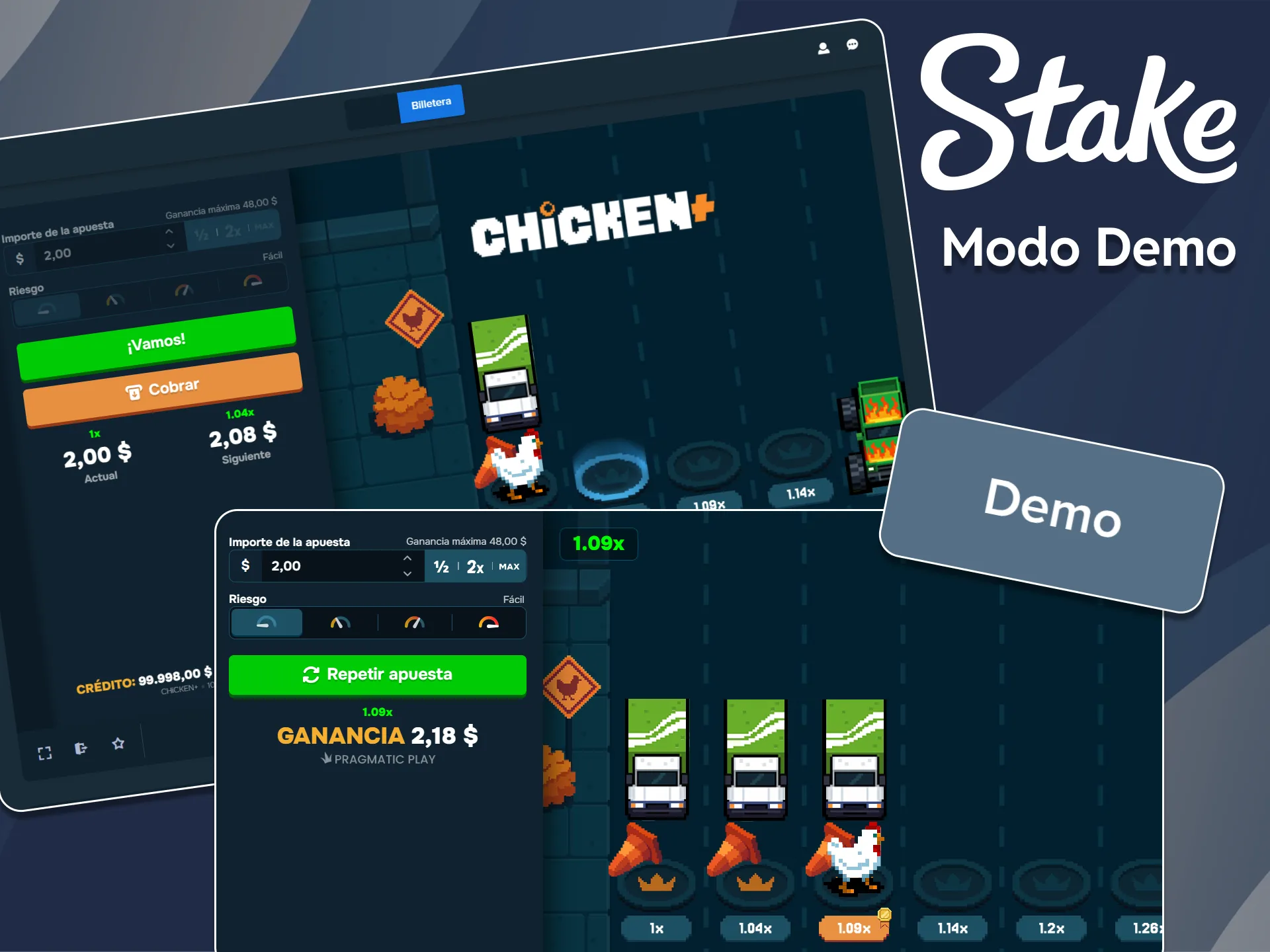 Juega a Chicken+ en modo demo para ganar más experiencia en Stake.