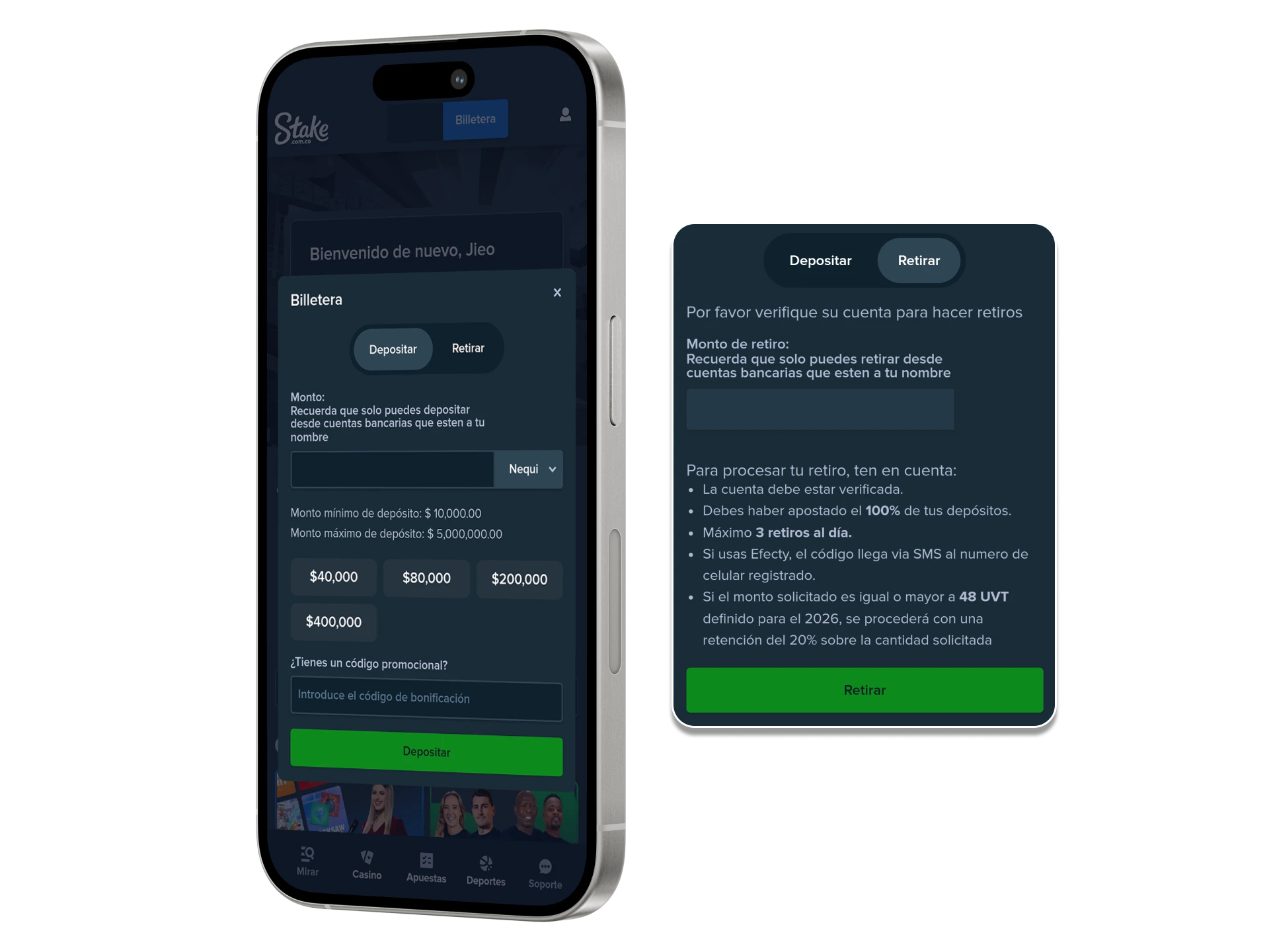 Utiliza la aplicación móvil de Stake para realizar depósitos y retiros.