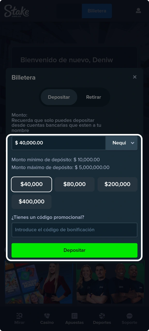 Ingresa el monto y confirma tu depósito en Stake.