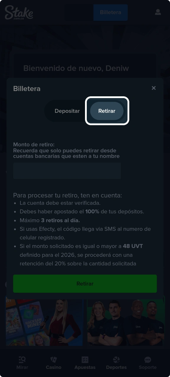 Abre la página de retiros en el sitio web de Stake.