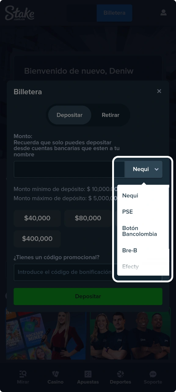 Elige el método de retiro en la plataforma Stake.