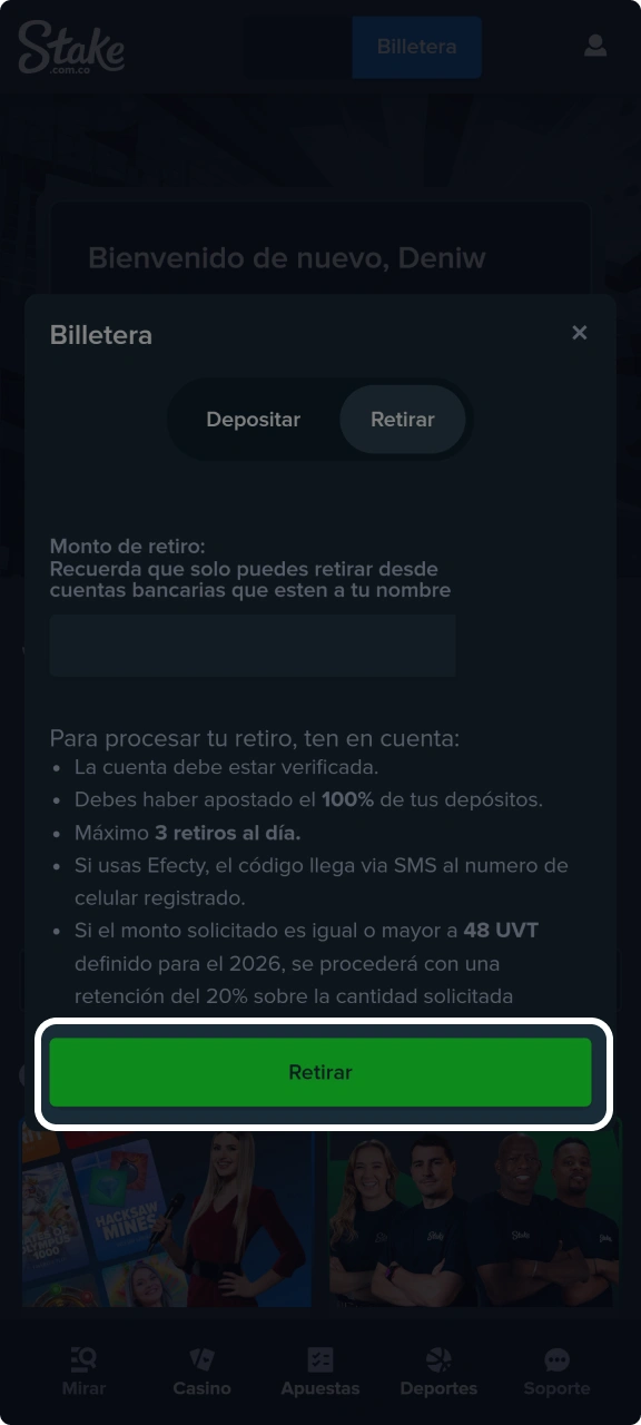 Completa la solicitud de retiro y espera la aprobación de Stake.