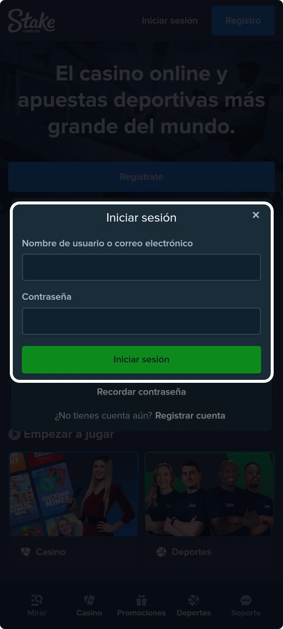 Inicia sesión en tu cuenta de Stake.
