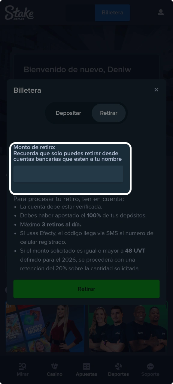 Introduce la cantidad necesaria en el campo de retiro de Stake.