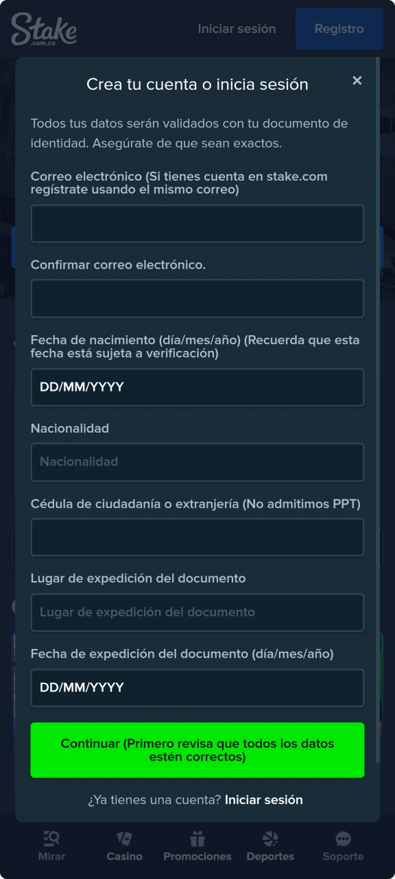 Antes de depositar, debes crear una cuenta en Stake.
