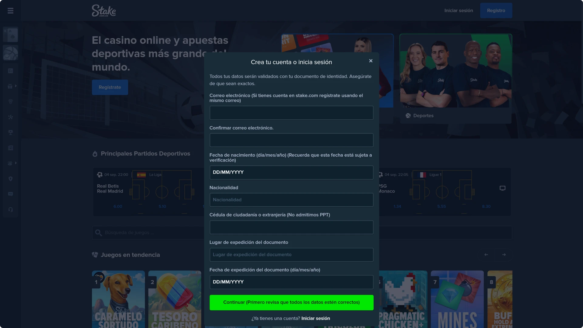 Completa el registro rápido en el sitio web de Stake.