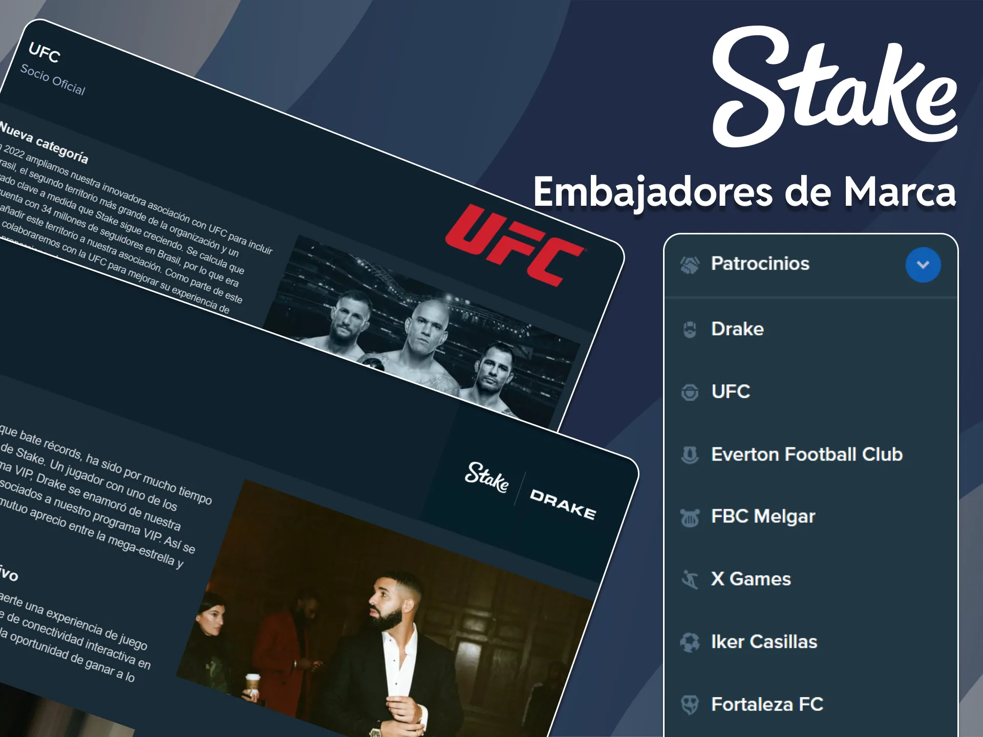 Consulta la lista de embajadores de marca del sitio web de Stake.