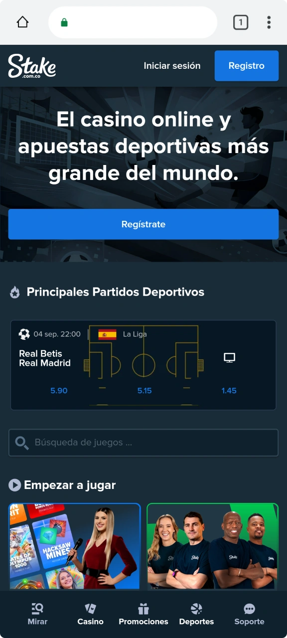 Abre el navegador y accede al sitio web de Stake.