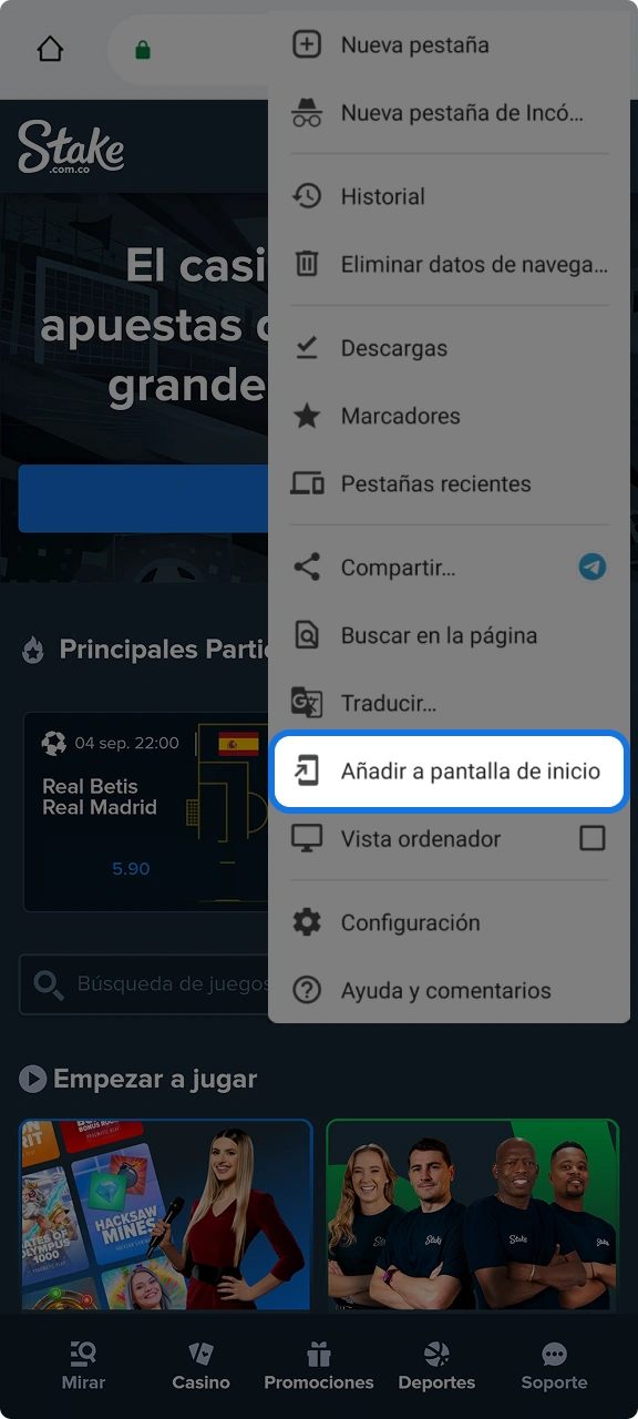 Añade Stake a tu pantalla de inicio haciendo clic en el menú.