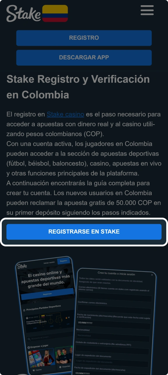 Haz clic en el botón de registro para abrir el formulario oficial de Stake.