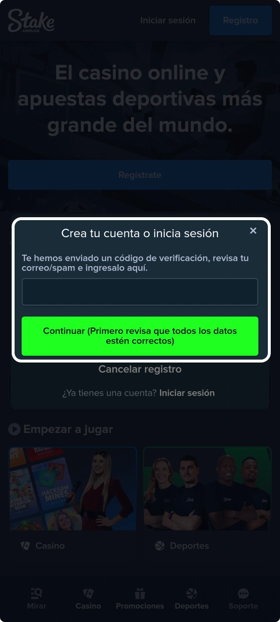 Confirma tu correo electrónico en el sitio web de Stake.
