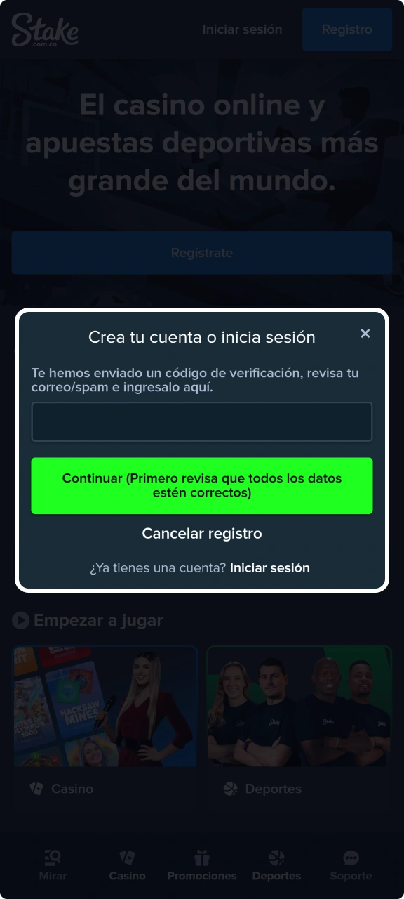 Introduce el código de verificación para confirmar tu cuenta de Stake.