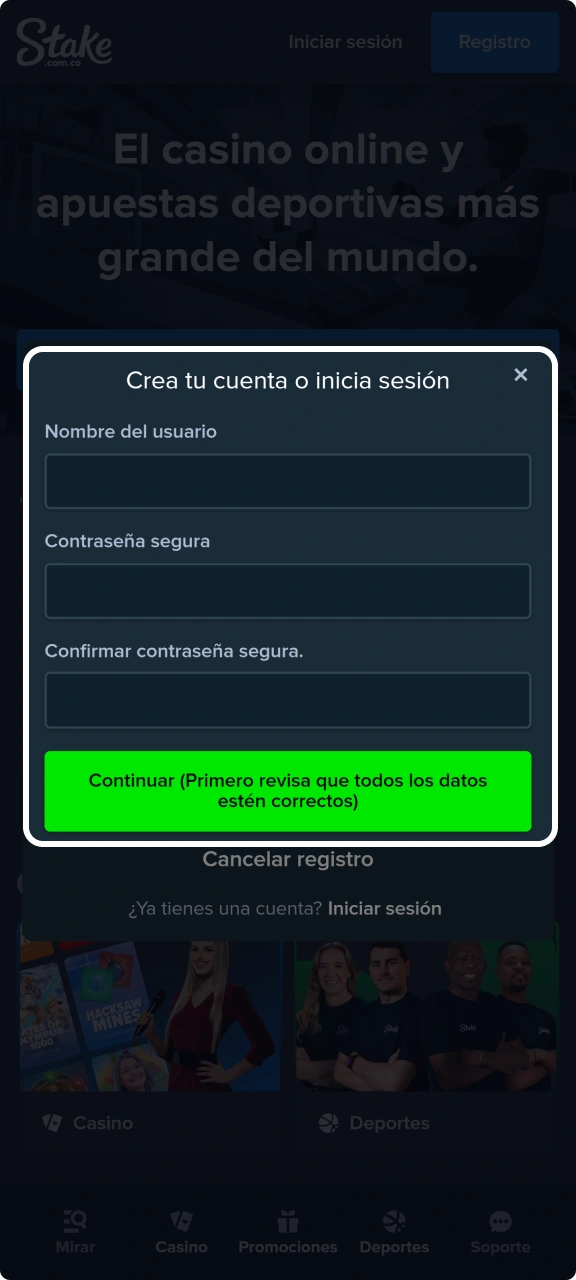 Piensa en una contraseña segura para tu cuenta de Stake.
