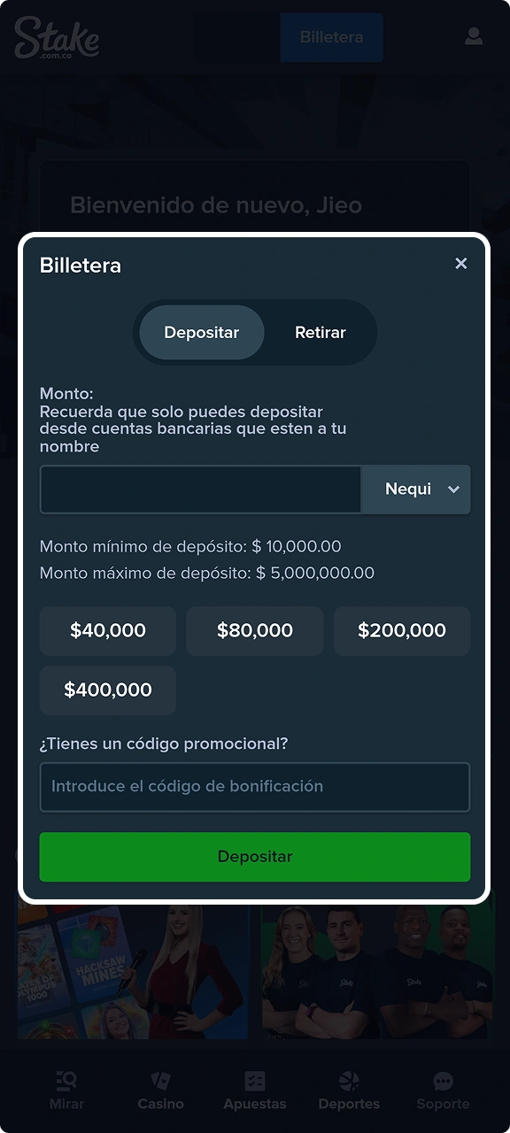 Realiza tu primer depósito en Stake tras registrarte.