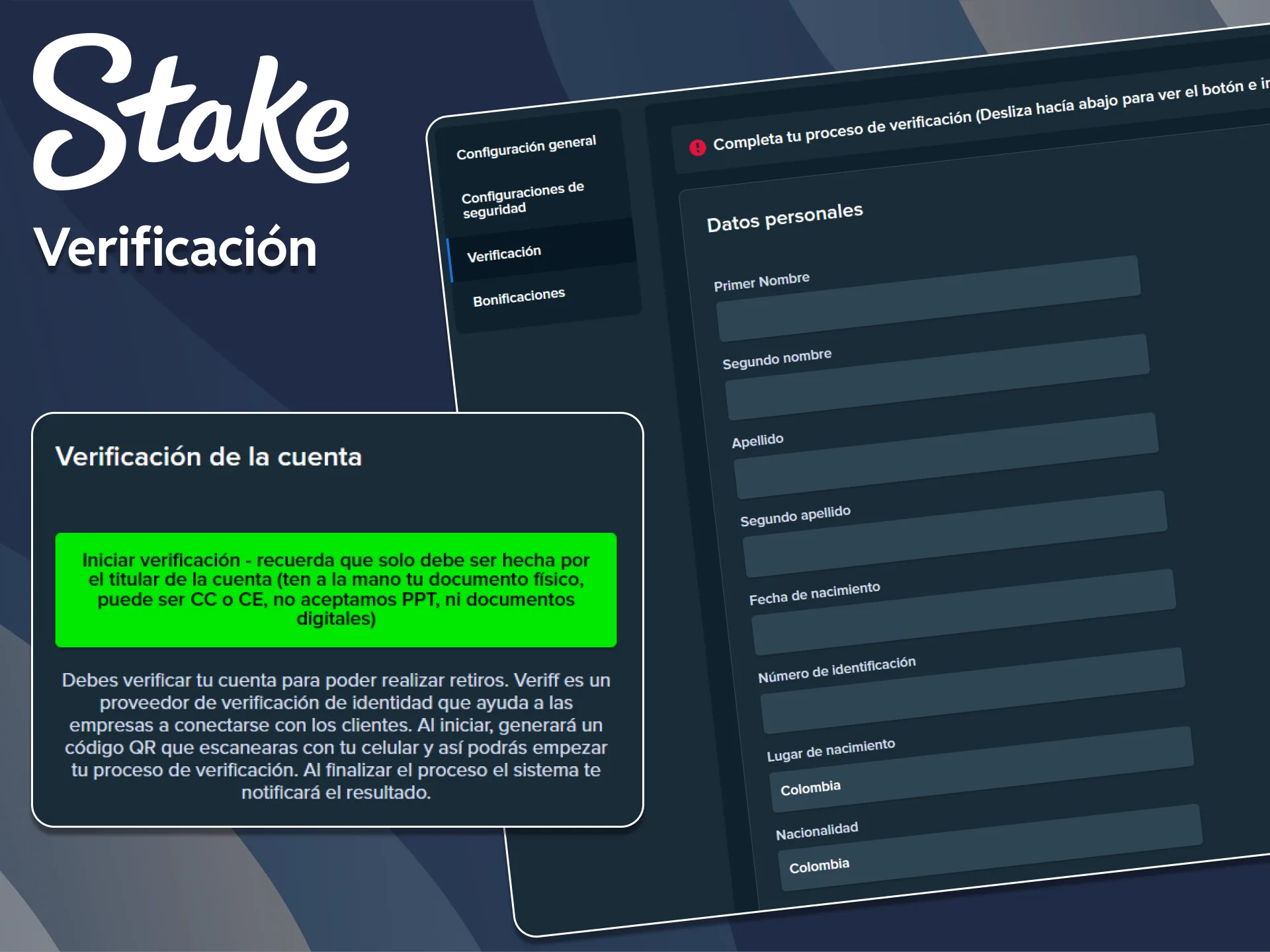 Verifica tu cuenta de Stake tras registrarte.